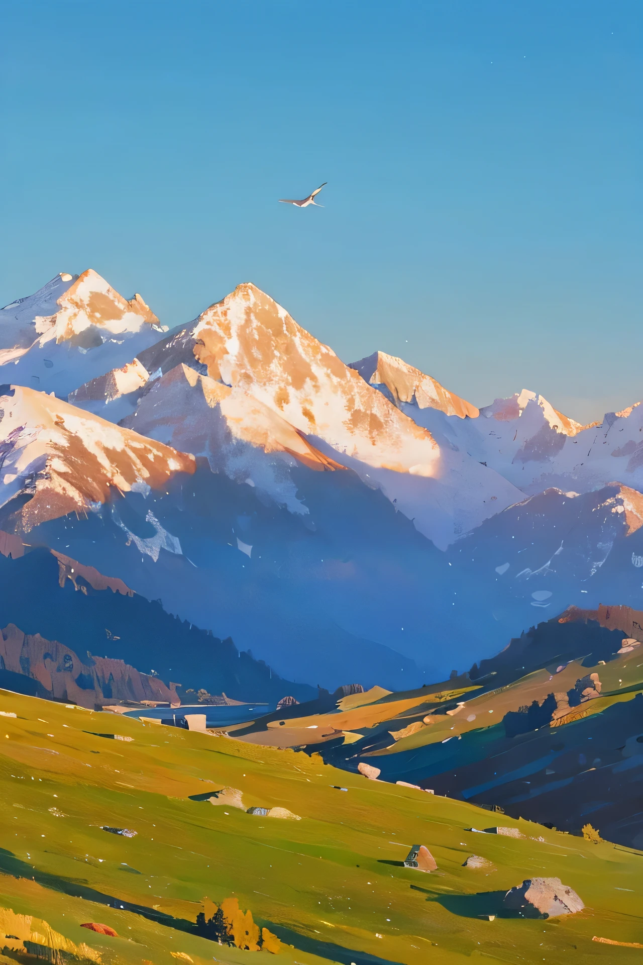 mountains, lago, trees, viento, nubes gigantes, planicie, pasto largo, aves volando, atardecer, snow on the mountain, pinos, muchos pinos, lago en el centro