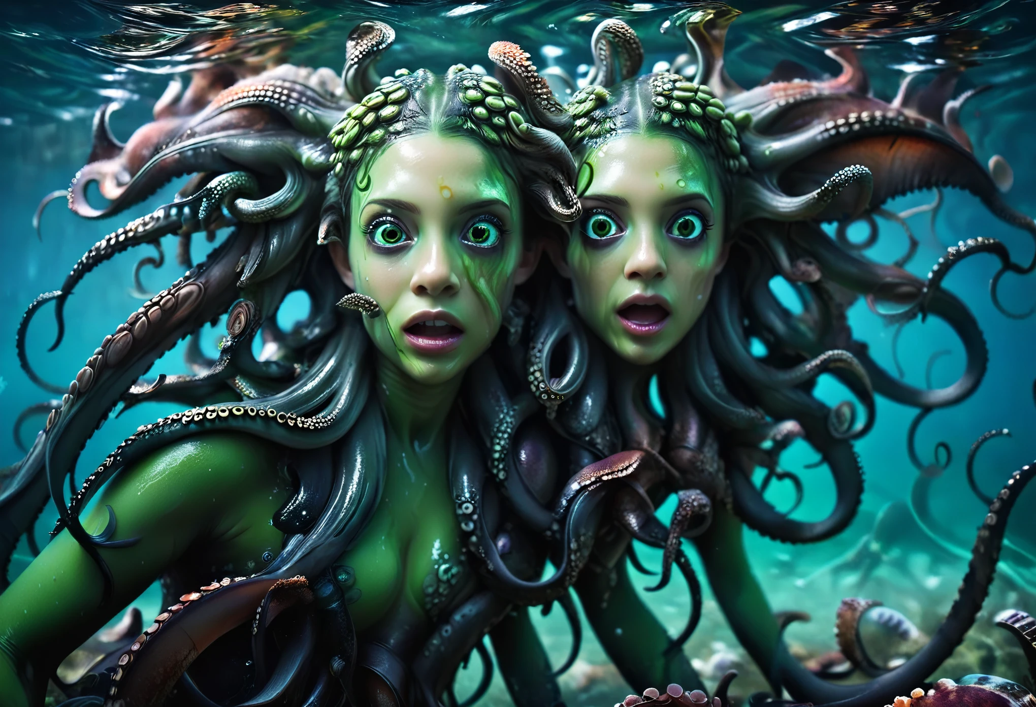 Beautiful woman/Cthulhu hybrid, (long flowing tentacle hair instead of hair: 1.5), delicate facial features, sharp eyes, thick lips, octopus tentacles, bat wings, (scaly skin: 1.7), grotesque, slime, dynamic pose, low light ocean floor, fantastical and dreamy atmosphere, (highest quality, 4k, 8k, high resolution, masterpiece: 1.2), ultra-detailed, (realistic, photorealistic, photorealistic: 1.37), intricate details, vibrant colors, soft lighting, serene and elegant In preparation
