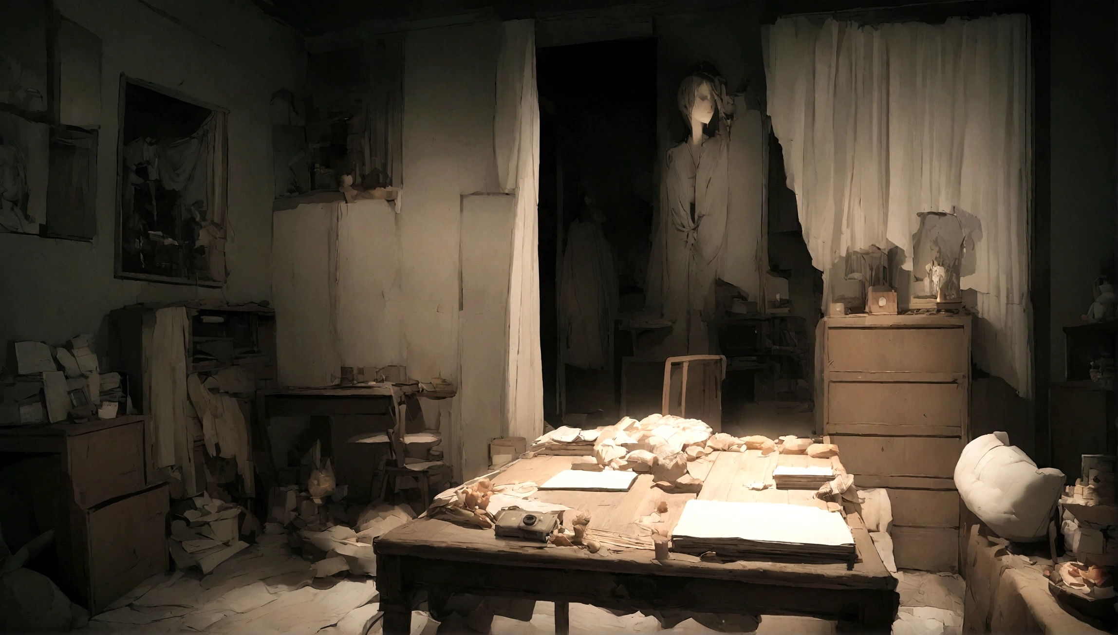 Cozy bedroom,White and wood,Foxconn camera footage,With desk,Soft light at night