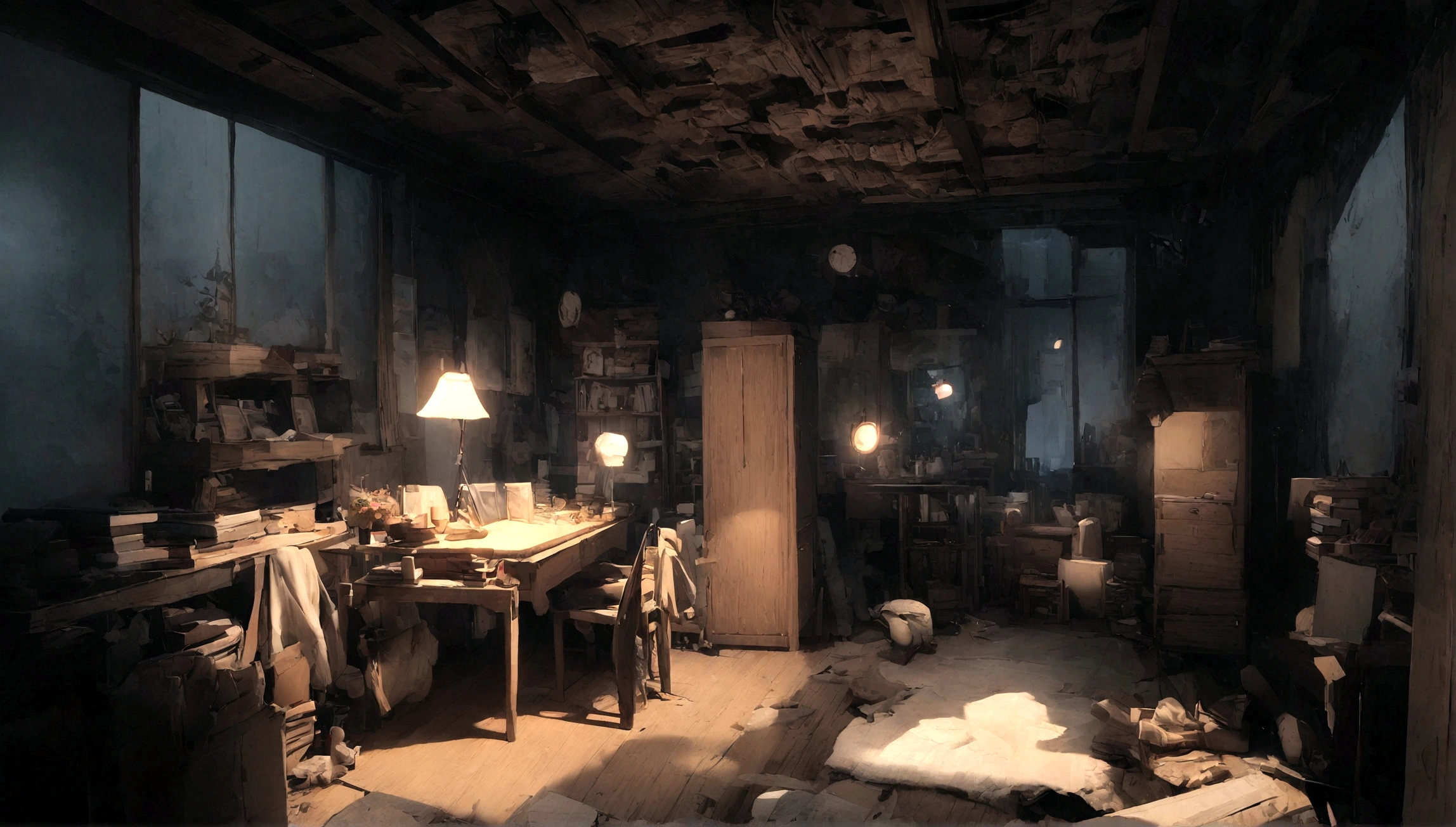 Cozy bedroom,White and wood,Foxconn camera footage,With desk,Soft light at night