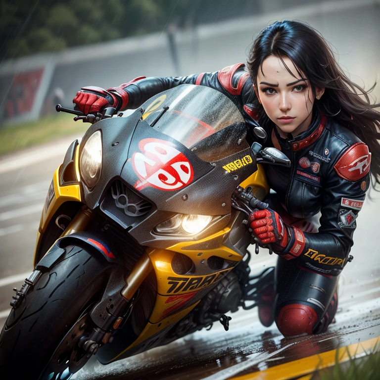 arafed woman leaning on a motorcycle on a wet track, Game CG, realistic art style, Akihiko Yoshida. Unreal Engine, Wojtek FUS, Senna in League of Legends, 8k artistic german bokeh, Octane Association, Kojima De Ami, Akira Hon, Rostland 8K, motorcycle, motorcycle hand, realistic art style