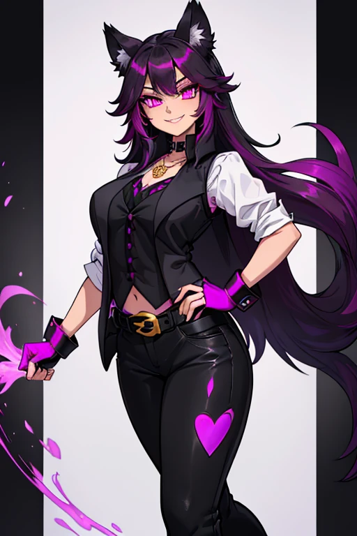 female, black long hair with magenta highlights, silver eyes, black wolf ears, black wolf tail, (((1girl))), (((black waistcoat with magenta trim magenta cuffs))), (white shirt), (black pants), (white knee high boots with magenta trim), (amethyst necklace), (black fingerless gloves), (black belt with gold buckle), cute and sexy, full body, big breasts, long legs, smiling