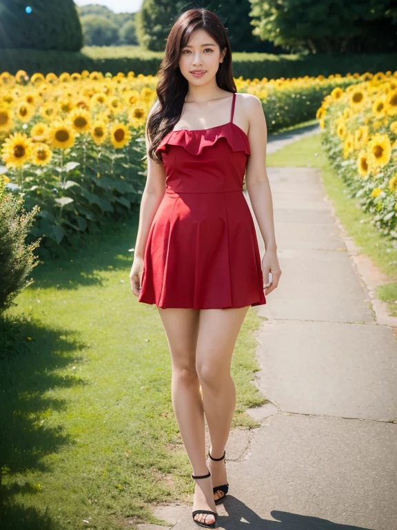 (RAW Photos:1.2), (Realistic:1.4),Beautiful detailed woman,非常にFine grainと顔, Fine grain, Very detailed,High resolution, highest quality,8k wallpaper,masterpiece,highest quality,1 female,alone,rich,Whole Body Ezbian,（A little chubby),Toned figure,,Narrow waist,alone,（Deep red one-piece ensemble,mini skirt,High heels）,Semi-long hair,A kind smile,Sunflower flower garden