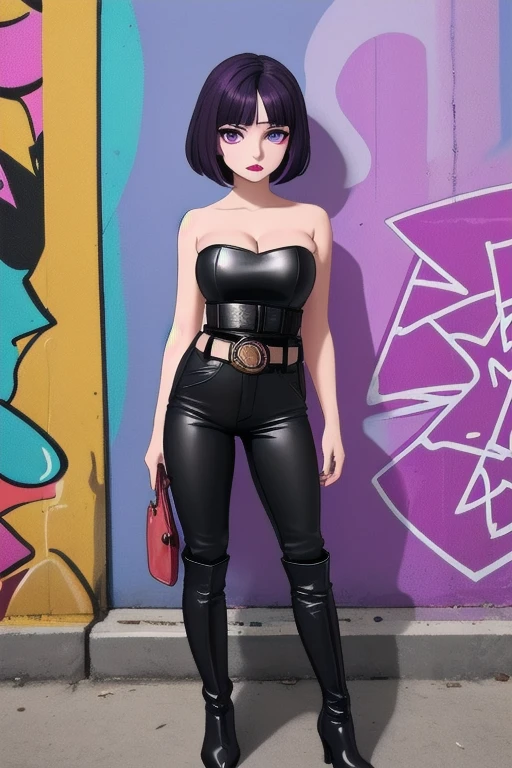 1girl, alone, a 28-year-old woman, pale skin, purple eyeshadow, purple lipstick, ((Wearing: Strapless leather top, tight black pants, belt and knee high leather boots:1.2)), midriff, medium breasts, cleavage, she has short black hair with purple highlights, purple colored eyes, standing, she's looking at the camera with an inexpressive look, she's smoking a cigarette, Graffiti Alley, Trash Can, she's leaning up against a wall.
