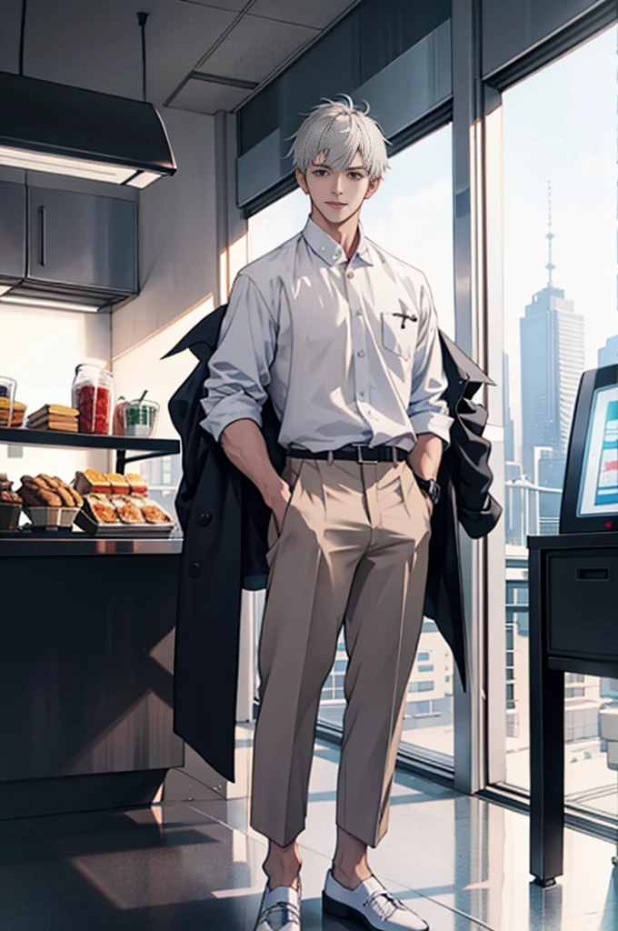 (tmasterpiece,Ultra-high resolution,16k UHD,high qulity),low tune,commute,ads,tvp,standing on your feet,looking at viewert,tmasterpiece,pretty, Strong, In the university's cafeteria,sitted,(Super short gray hair),Black eyes,Turn to the back,ssmile,Seoul,(small heads),Precise anatomy,sports club, Precise hand structure,light colored costume,Jacket, espadrilles, Casual Fashion, Pocket, wristwatch, Unity 16K wallpaper,concept-art,One guy,8K eyes,(((Mature male))),(short detailed hair),Work pants,(photorealiscic face:1.8),broad shoulder,slips,(full bodyesbian:1.6),Male 24,