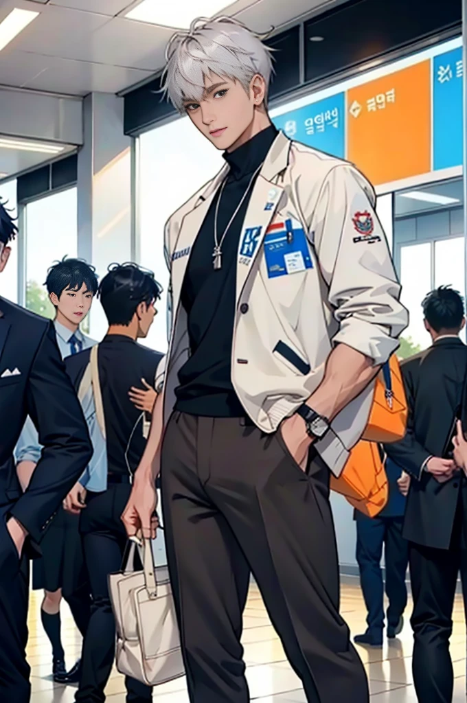 （tmasterpiece，Ultra-high resolution，16k UHD，high qulity），low tune，commute，ads，tvp，standing on your feet，looking at viewert，tmasterpiece，pretty, Strong, In the university's cafeteria，sitted，（Super short gray hair），Black eyes，Turn to the back，ssmile，Seoul，（small heads），Precise anatomy，sports club, Precise hand structure，light colored costume，Jacket, espadrilles, Casual Fashion, Pocket, wristwatch, Unity 16K wallpaper，concept-art，One guy，8K eyes，（（（Mature male））），（short detailed hair），Work pants，（photorealiscic face：1.8），broad shoulder，slips，（full bodyesbian：1.6），Male 24，