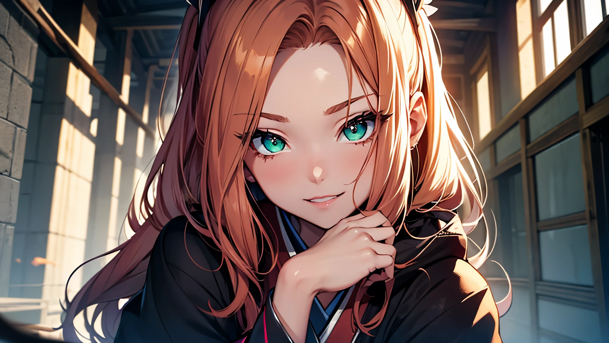 (1girl:1.3), Masterpiece, Best quality, amazing beauty, [[3D]], 4K, absurdres, finely detail, super detailed eye, perfect anatomy, official art, cinematic lighting, BREAK, foret, river, silky long hair, forehead, colored tips, orange hair, super shiny detailed green eyes, big eyes, cute eyes, thin eyebrow, Staring, close-mouth, thin lips, toothless smile, mascara, rouge, Eyeliner, pink lips, shy, BREAK , usually, tall, slim, pale skin, porcelain skin, sitting, cross arms in front, from front, BREAK ,(long-sleeved kimono:1.2),