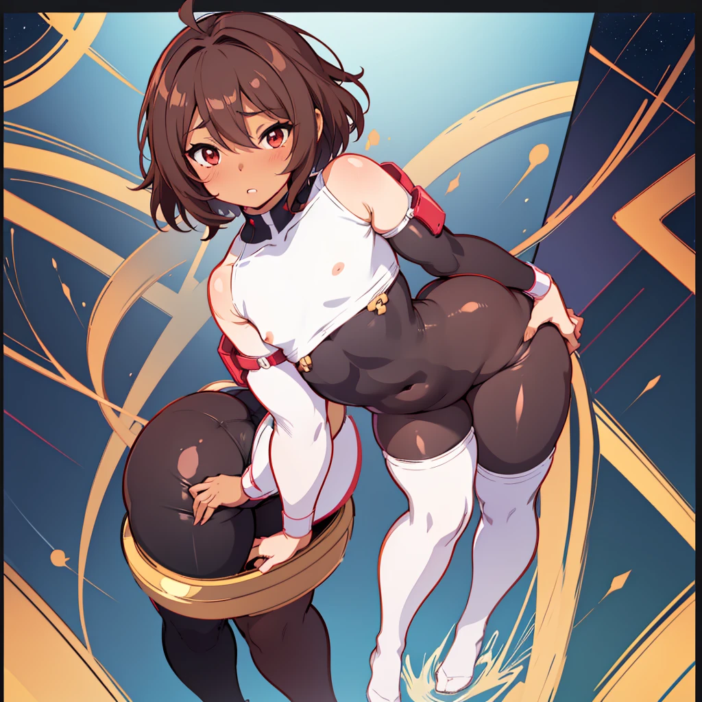 anime boy, crossdresser, 1boy, medium dark brown hair, red eyes, brown skin, wide hips, bubble butt, narrow waist and thick thighs, flustered, brushing, standing in space, flat chest, full body suit, visible bulge, skin tight Celestial Being pilot suit, in a suggestive pose