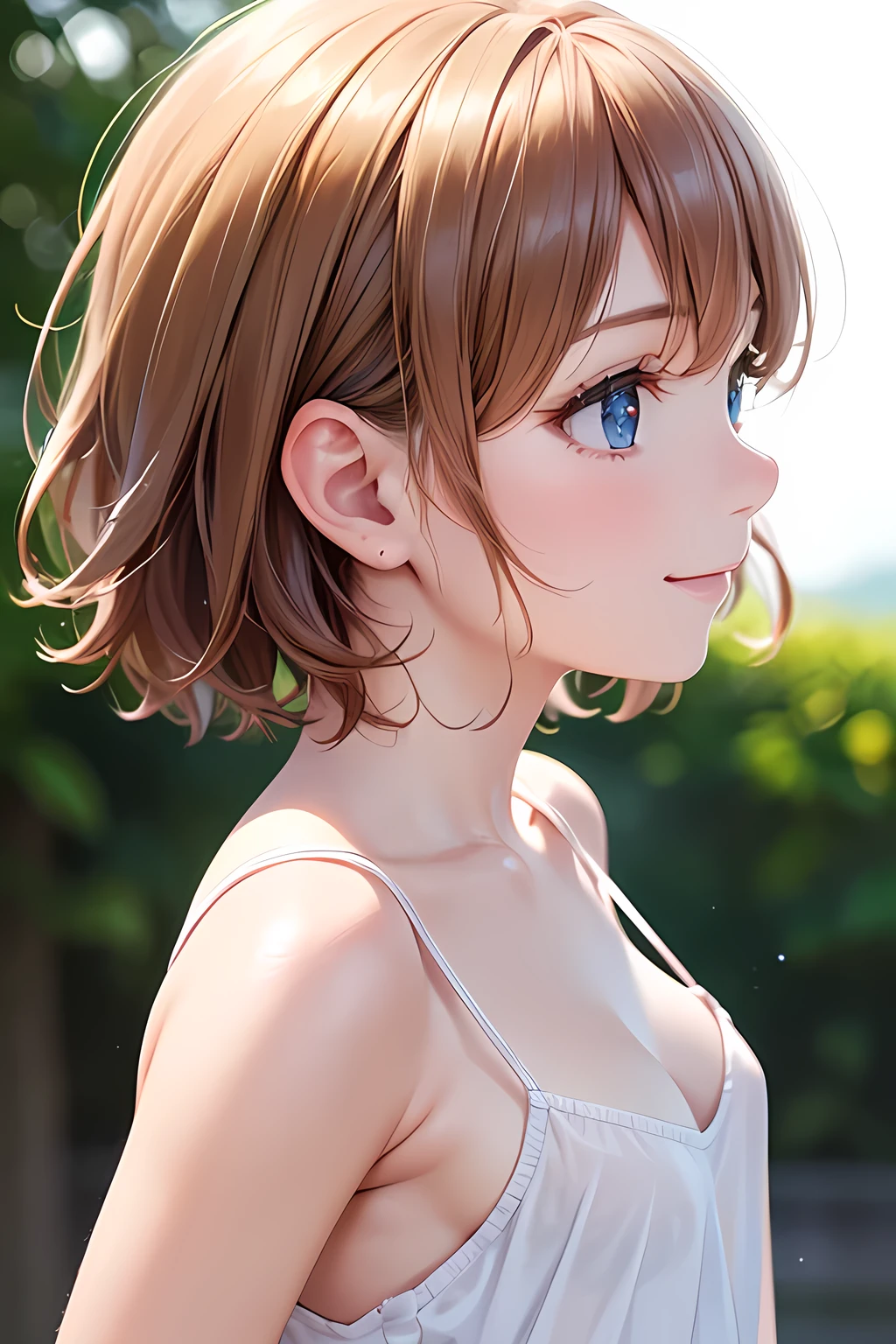 (masterpiece, face focus, profile: 1.3), (8K, Raw Photography, Top Image Quality: 1.4), gravure, splendid and colorful, 8yo kawaii petit little 1loli:1.3, (small cleavage:1.2), Super Detail cute Face, perfect pupil of the Eyes of Detail, anime style big eyes with eyelashes, Double Eyelid, Sharp Focus:1.2, Pretty infant:1.4, Top-Quality, Super A High Resolution, (Photorealistic: 1.4), Highly Detailed and professional lighting full smile, break, loose and light white camisole, shoulder out, nipples slip, natural facial expression, medium hair, fatal position, gorgeous background