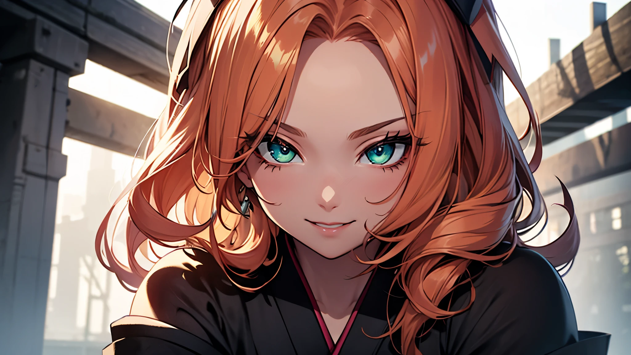 (1girl:1.3), Masterpiece, Best quality, amazing beauty, [[3D]], 4K, absurdres, finely detail, super detailed eye, perfect anatomy, official art, cinematic lighting, BREAK, foret, river, silky long hair, forehead, colored tips, orange hair, super shiny detailed green eyes, big eyes, cute eyes, thin eyebrow, Staring, close-mouth, thin lips, toothless smile, mascara, rouge, Eyeliner, pink lips, shy, BREAK , usually, tall, slim, pale skin, porcelain skin, sitting, cross arms in front, from front, BREAK ,(long-sleeved kimono:1.2),