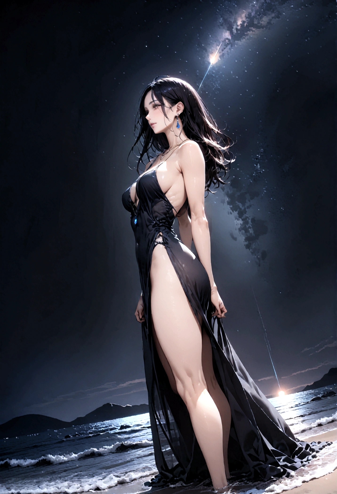 8k, masterpiece, RAW Photos, highest quality, Realistic, Very detailed, Depth of written boundary, Cinematic Light, Anatomically correct body,
One beautiful 40 year old woman, Very beautiful face, Exquisitely detailed face, (A calm and gentle face:1.4), Very delicate skin texture, Transparent muscle, Shiny white skin, Glamorous Body,
(Wavy black long hair:1.2), Sexy Breasts, Sexy ass,
(See-through slit long dress:1.2), (Detailed cloth texture:1.2), (Gorgeous necklace:1.1), (Gorgeous earrings:1.1),
(Dark starry background:1.4), (Milky Way:1.1), (milky way:1.1), (shooting star:1.1), (Dark coastline at night:1.4), (Pitch black sea surface:1.4),
(Standing on the beach:1.2),
(Low angle shot:1.3),