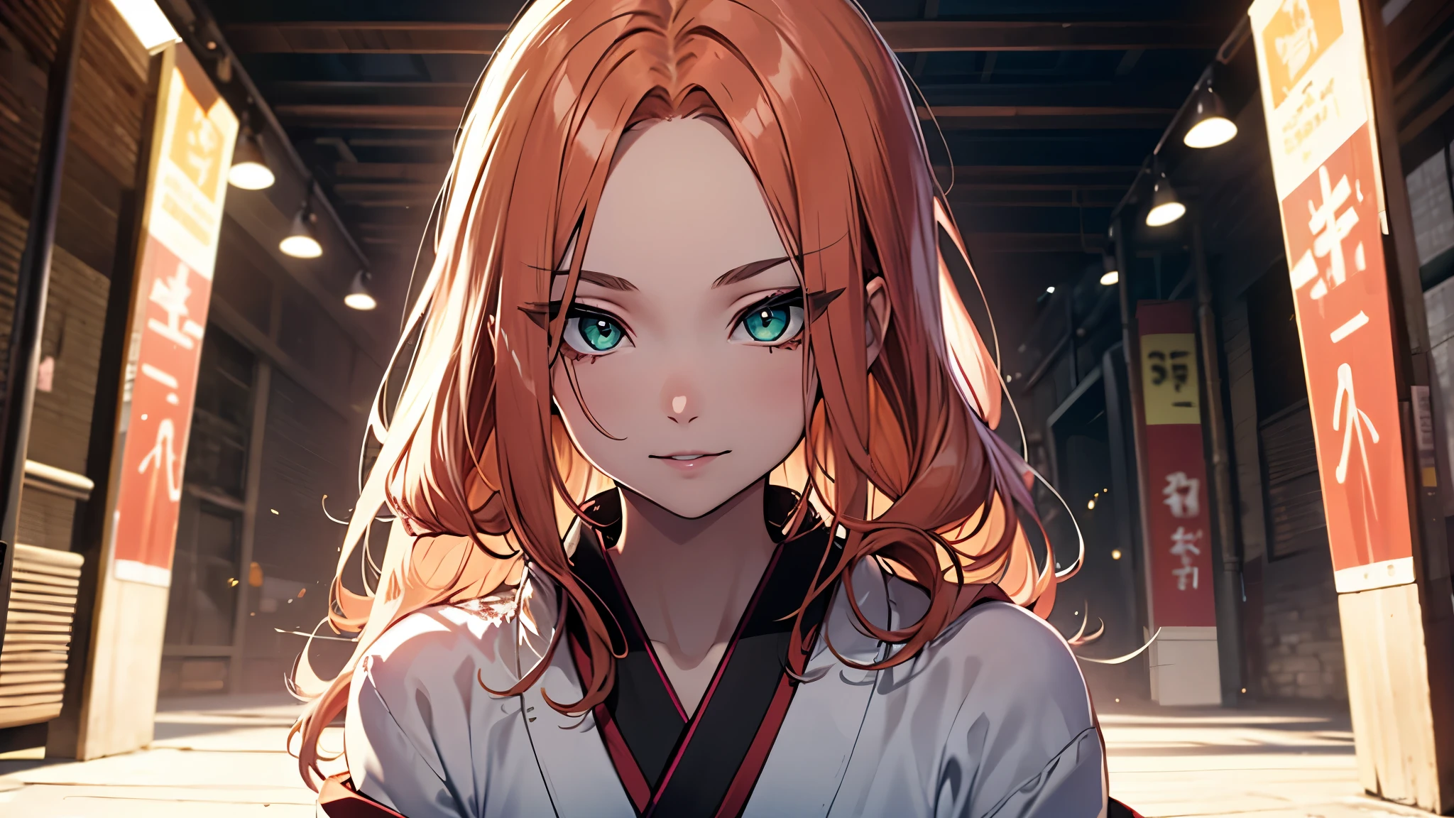 (1girl:1.3), Masterpiece, Best quality, amazing beauty, [[3D]], 4K, absurdres, finely detail, super detailed eye, perfect anatomy, official art, cinematic lighting, BREAK, foret, river, silky long hair, forehead, colored tips, orange hair, super shiny detailed green eyes, big eyes, cute eyes, thin eyebrow, Staring, close-mouth, thin lips, toothless smile, mascara, rouge, Eyeliner, pink lips, shy, BREAK , usually, tall, slim, pale skin, porcelain skin, sitting, cross arms in front, from front, BREAK ,(long-sleeved kimono:1.2),
