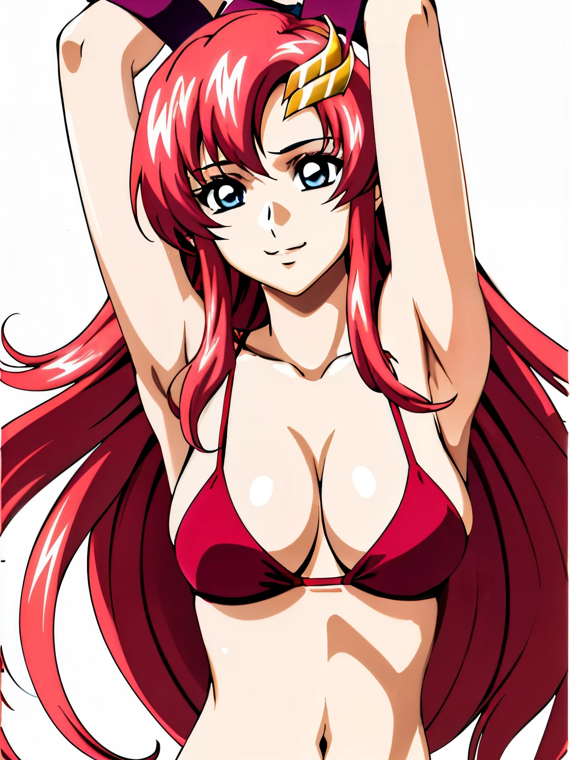 lacus4, (running, upper body view, (tall girl), masterpiece, cowboy shot, 4K, Best Quality, Anime style: 1.9, (official art), happy, (Adult Woman), (ultra detailed head), (Drawing lines, high resolution, lacus4), 1girl, Solo, clavicle, scapular, (Detailed wide hair bangs, Hair Ornament, Detailed reddish-pink hair, shiny streaks, slim arms, detailed golden crest), cleavage, stretching, arms up, (Big blue eyes, shiny eyes), ((female wrestler, slim arms)), ((perfect proportions, medium-small breasts, very long belly)), ((totally red bikini top)), smile, (standing, hot colors, closed fists), detailed fingers, (bare shoulders), (background: simple white background only)