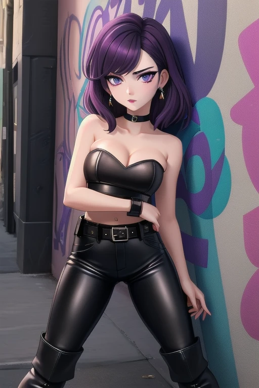 1girl, alone, a 28-year-old woman, pale skin, purple eyeshadow, purple lipstick, ((Wearing: Strapless leather top, tight black pants, belt and knee high leather boots:1.2)), midriff, medium breasts, cleavage, she has short black hair with purple highlights, purple colored eyes, standing, she's looking at the camera with an inexpressive look, she's smoking a cigarette, Graffiti Alley, Trash Can, she's leaning up against a wall.
