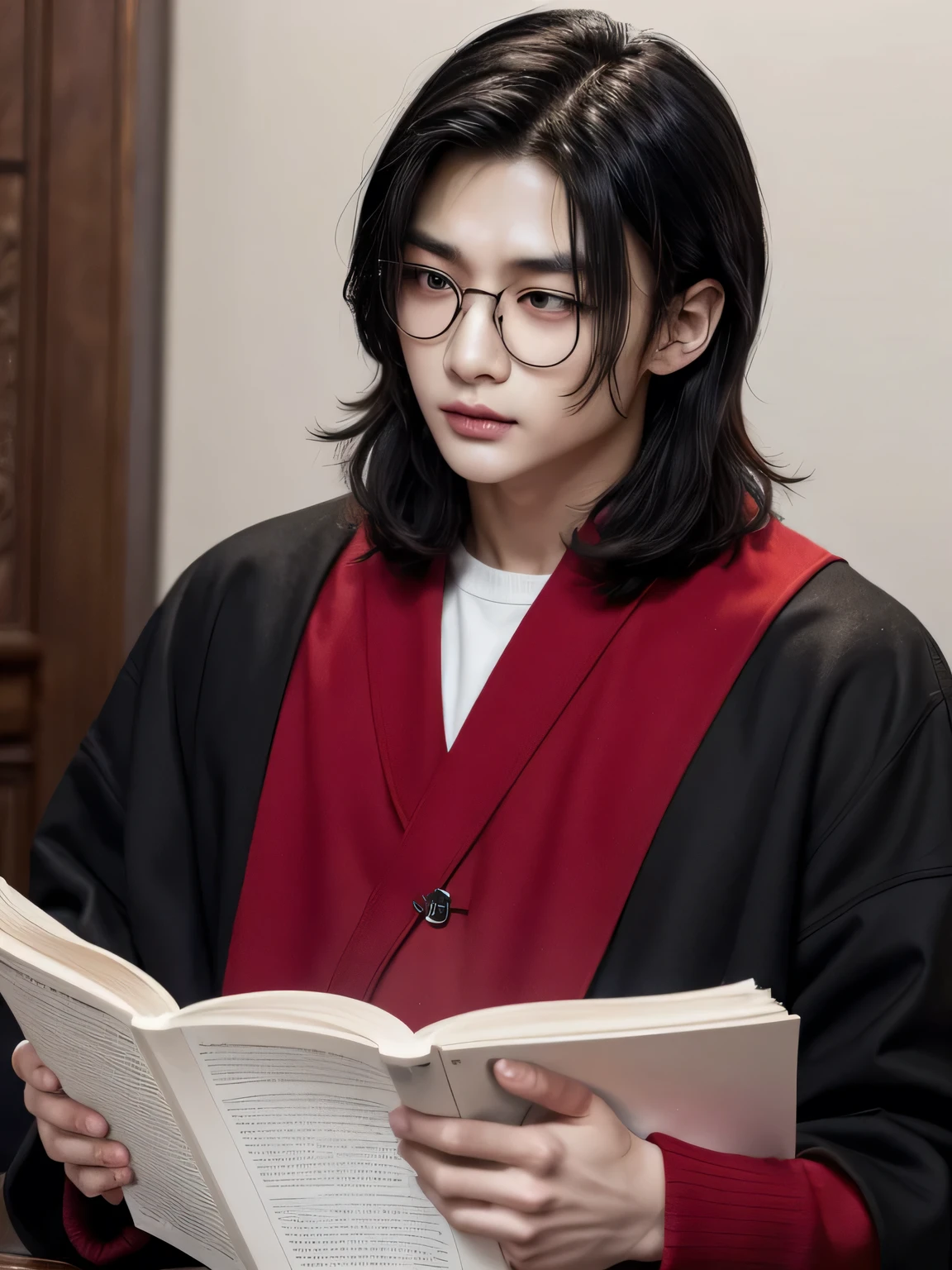 Hwang Hyunjin, con cabello largo, blanco ,ondulado, lentes de lectura, con traje negro, fondo rojo, aesthetic, magical realism 