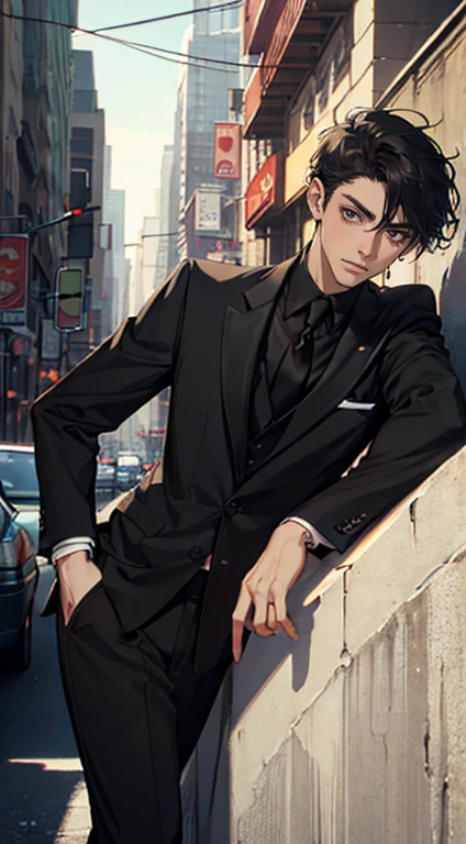((One man with a black suit and tie)), New York City, gotham, alejandro, he looks very sophisticated, (((left-side swept black short hair))), (dark green eyes and thick eyebrows), smirk, ((20 years old)), ((masterpiece)), posture dynamic,