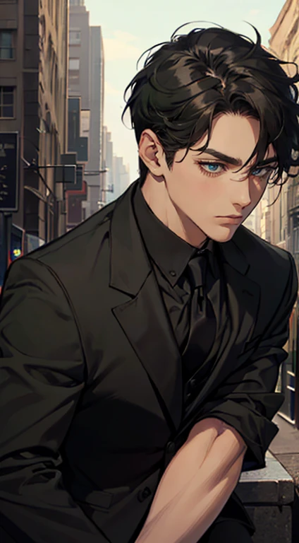 ((One man with a black suit and tie)), New York City, gotham, alejandro, he looks very sophisticated, (((left-side swept black short hair))), (dark green eyes and thick eyebrows), smirk, ((20 years old)), ((masterpiece)), posture dynamic,