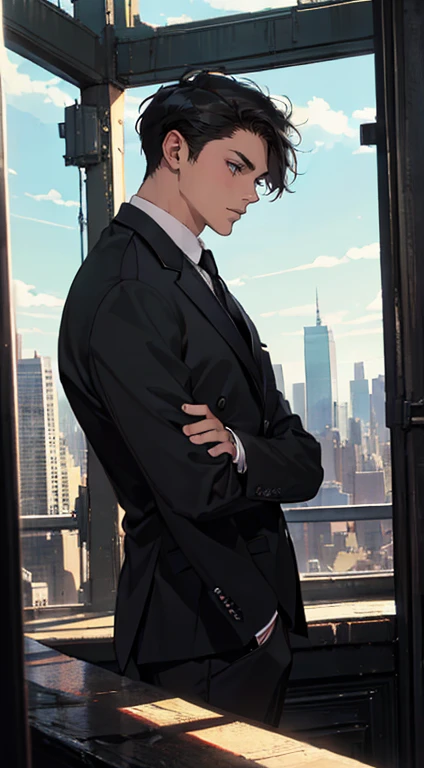 ((One man with a black suit and tie)), New York City, gotham, alejandro, he looks very sophisticated, (((left-side swept black short hair))), (dark green eyes and thick eyebrows), smirk, ((20 years old)), ((masterpiece)), posture dynamic,