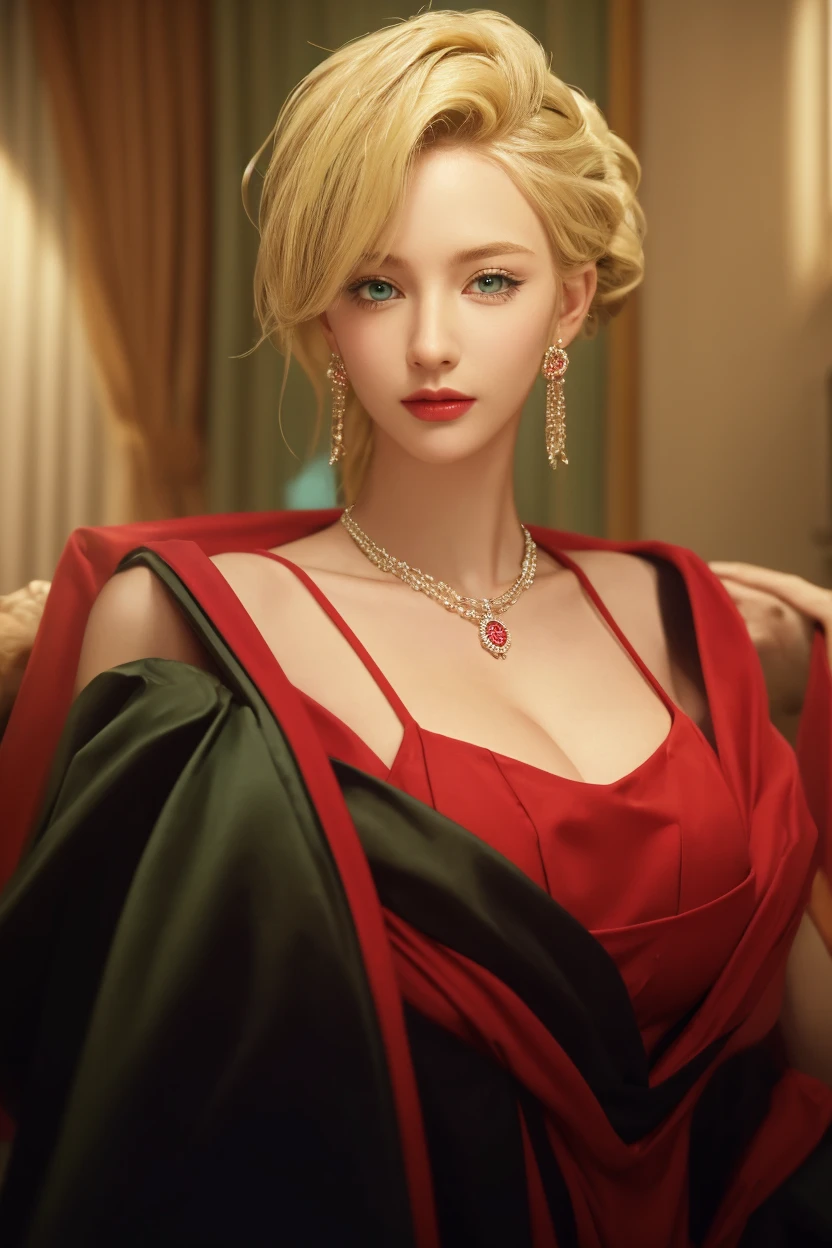 A woman in a long red dress, blonde braids, gold collar, golden bracelets and rings