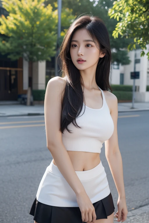 8K, masterpiece, raw photo, best quality, realistic, extremely detailed CG unity 8K wallpaper, depth of field, cinematic light, lens flare, ray tracing, (very beautiful face, beautiful lips, beautiful eyes), Face with intricate details, ((highly detailed skin)), best quality, masterpiece, ultra high resolution, (realistic photo:1.5), Original image, 1 woman, crop top, shorts,smooth, long legs, sexy look, pretty ,Smile faintly, long hair, full body shot,model pose, big bust, divided, six pack abs, Morning in the city park.