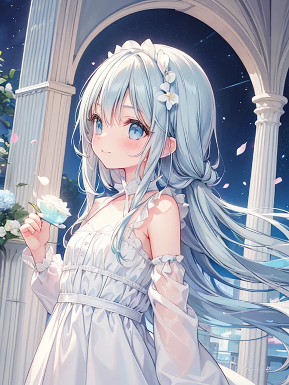 masterpiece, best quality, extremely detailed, (illustration, official art:1.1), 1 girl ,(((( light blue long hair)))), ,(((( light blue long hair)))),light blue hair, ,10 years old, long hair ((blush)) , cute face, big eyes, masterpiece, best quality,(((((a very delicate and beautiful girl))))),Amazing,beautiful detailed eyes,blunt bangs((((little delicate girl)))),tareme(true beautiful:1.2), sense of depth,dynamic angle,,,Candle, affectionate smile, (true beautiful:1.2),(flat chest)) 、((masterpiece)),upper body,profile,glistening skin,
BREAK
1 girl,,aqua eyes,15 years old,morning,Asahi,petal,hydrangea、wearing white long sleeve dress, ((plain white dress)), cult dress, dress shows her chest a little,