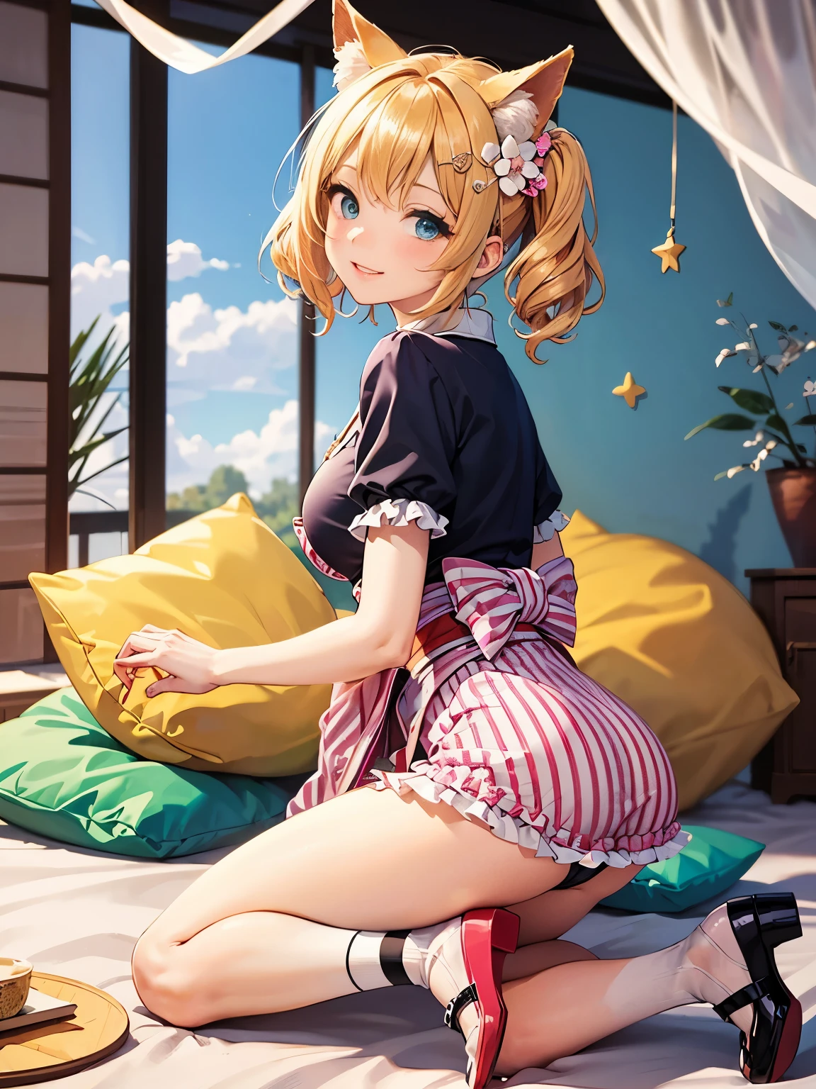 masutepiece, Best Quality,hair flower sketch, flower, Hair Ornament, 1girl in, Animal ears, Blue eyes, white blossoms, Long hair, Solo, Black footwear, Looking at Viewer, blush, Long sleeves, animal ear fluff, Blue hair, Parted lips, Bangs, Komono, Full body, extra ear, Hair intake, Shorts, sash, all-fours, Kimono, hair between eye, Fox ears, shoes,masterpiece, super fine illustration, best quality, light particles, ultra-detailed, 8K wallpaper, (bright colors:1.2), solo, ((a )), big breasts, (blonde hair), disheveled hair, short hair, twintail, two side up hair, scrunchie, curly hair, shiny hair, shiny skin, (wearing pale pink and white horizontal striped dress, short sleeve), (frilled miniskirt), (white legwear), ((horizontal striped panty)), (beautiful green eyes, shiny eyes, big eyes), affectionate smile, seductive smile, closed mouth, blush cheeks, (naughty room), (pink bed), (pink pillows), (pink curtain), looking back, get down all fours, nsfw, sunlight, shadow,