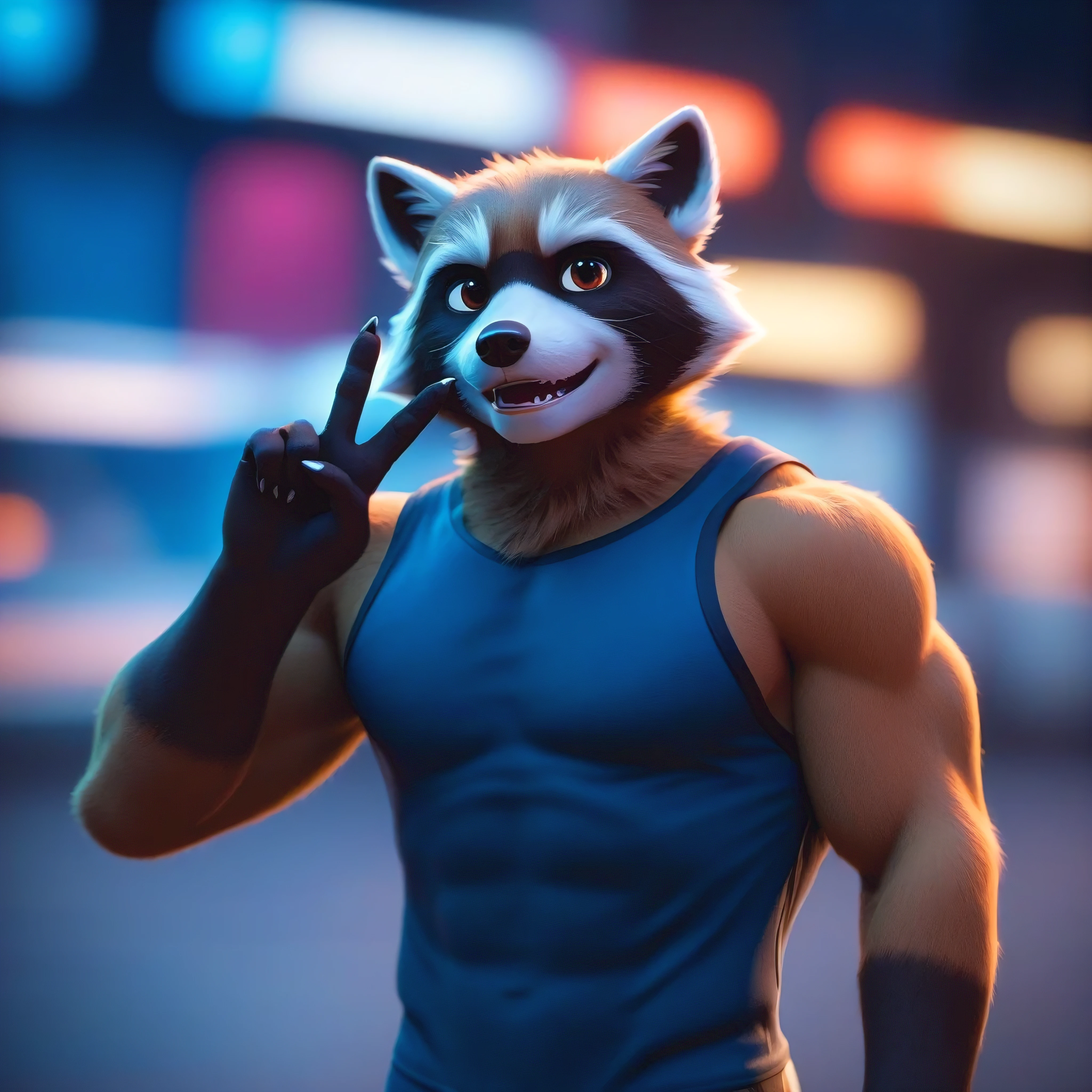 score_9, score_8_up, score_7_up, rating_safe,source_furry,anthro,source_cinematographic in 3D, Ricky the Raccoon male
muscular
(a fitness body) (showing his perfect muscles)
(background of a futuristic night city blurred background) (Gesture of peace and love for the viewer)