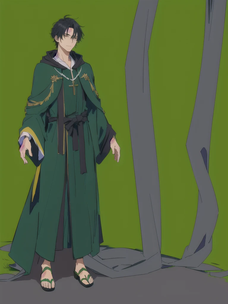 arafed image of a man in a green robe and sandals, wearing a long flowing robe, a person with ornate robes, wearing a flowing cloak, green garden, full body dark green cloak, a young Man Priest, wearing flowing robes, wearing green cloak, wearing dark robe, dressed with long fluent clothes, dressed in a green robe, a priest, black hair, dead black eyes