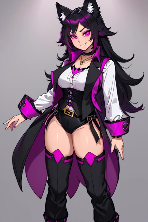 female, black long hair with magenta highlights, silver eyes, black wolf ears, black wolf tail, (((1girl))), (((black waistcoat with magenta trim magenta cuffs))), (white shirt), (black pants), (white knee high boots with magenta trim), (amethyst necklace), (black fingerless gloves), (black belt with gold buckle), cute and sexy, full body, big breasts, long legs, smiling