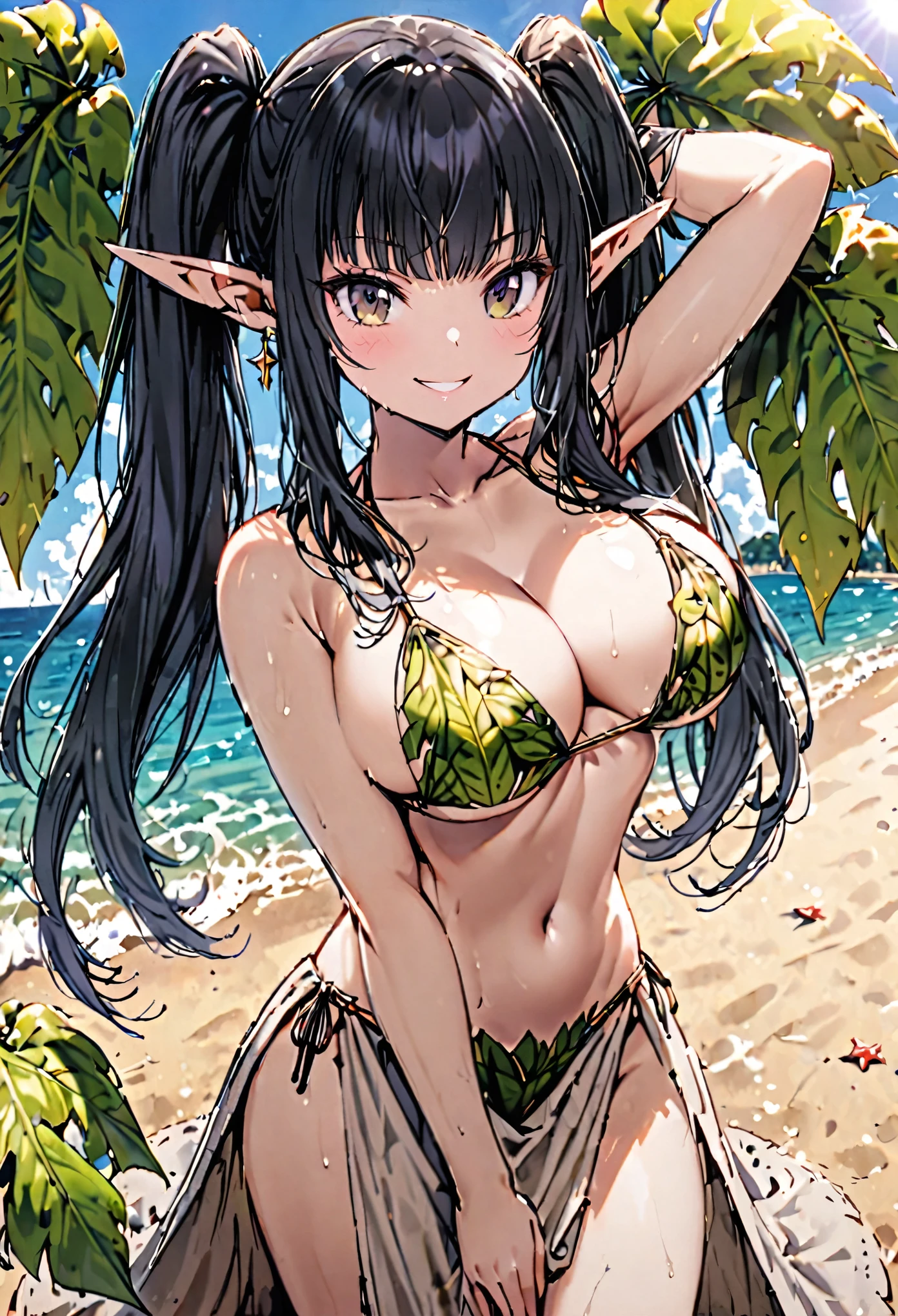 solo, female, sfw, beach, sunny, elf, pointed ears, black hair, twin tails, large breasts, medieval, giant leaf pareo, long hair, sackcloth bikini, cute pose, wide smile