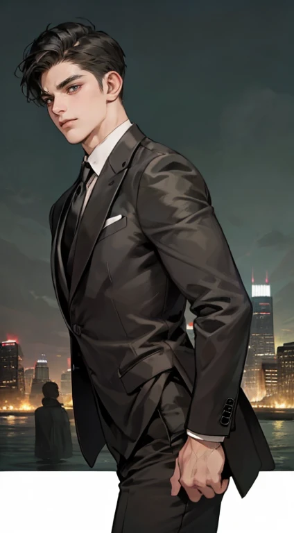 ((One man with a black suit and tie)), New York City, gotham, alejandro, he looks very sophisticated, (((left-side swept black short hair))), (dark green eyes and thick eyebrows), smirk, ((20 years old)), ((masterpiece)), posture dynamic,