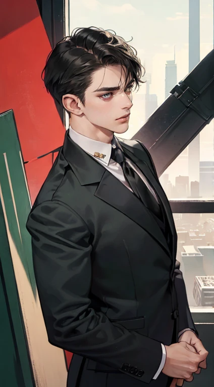 ((One man with a black suit and tie)), New York City, gotham, alejandro, he looks very sophisticated, (((left-side swept black short hair))), (dark green eyes and thick eyebrows), smirk, ((20 years old)), ((masterpiece)), posture dynamic,