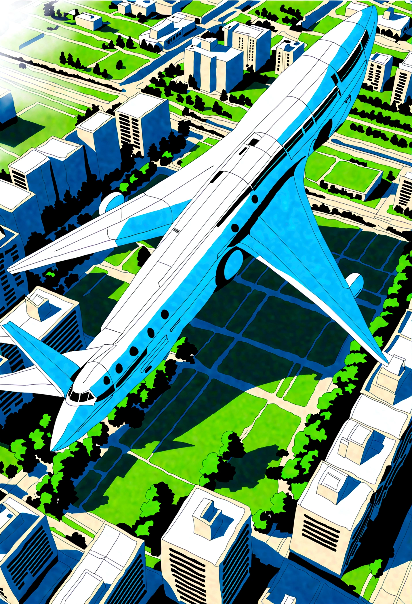dramatic, Dynamic, cinematic scenes seen from the side, Inspired by the art style of Rick Owens. Recreates the scene of a large modern airplane taking off, The sight of them persevering through the summer storms is striking.,. under the plane, View from above, A dense urban landscape of apartment buildings stretching to the horizon.。. The entire image is rendered in shades of blue and white. . Futurism, Hyperrealism