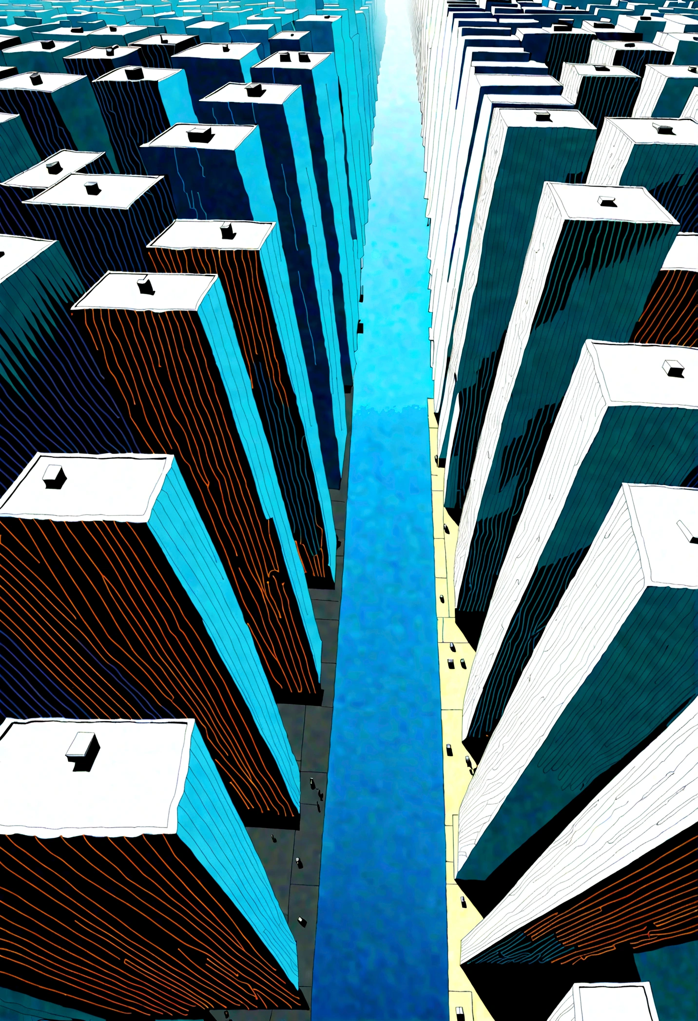 dramatic, Dynamic, cinematic scenes seen from the side, Inspired by the art style of Rick Owens. Recreates the scene of a large modern airplane taking off, The sight of them persevering through the summer storms is striking.,. under the plane, View from above, A dense urban landscape of apartment buildings stretching to the horizon.。. The entire image is rendered in shades of blue and white. . Futurism, Hyperrealism