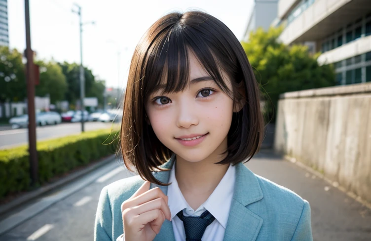 highest quality, shape, Very detailed, finely, High resolution, 8k wallpaper, finelyて美しい目, uniform, smile,14-year-old girl、cute、Looking into the camera、Black Hair、School、Black Hair、short hair、The bangs are short、after school、So that the entire upper body is visible、Street Snap、14-year-old girl
