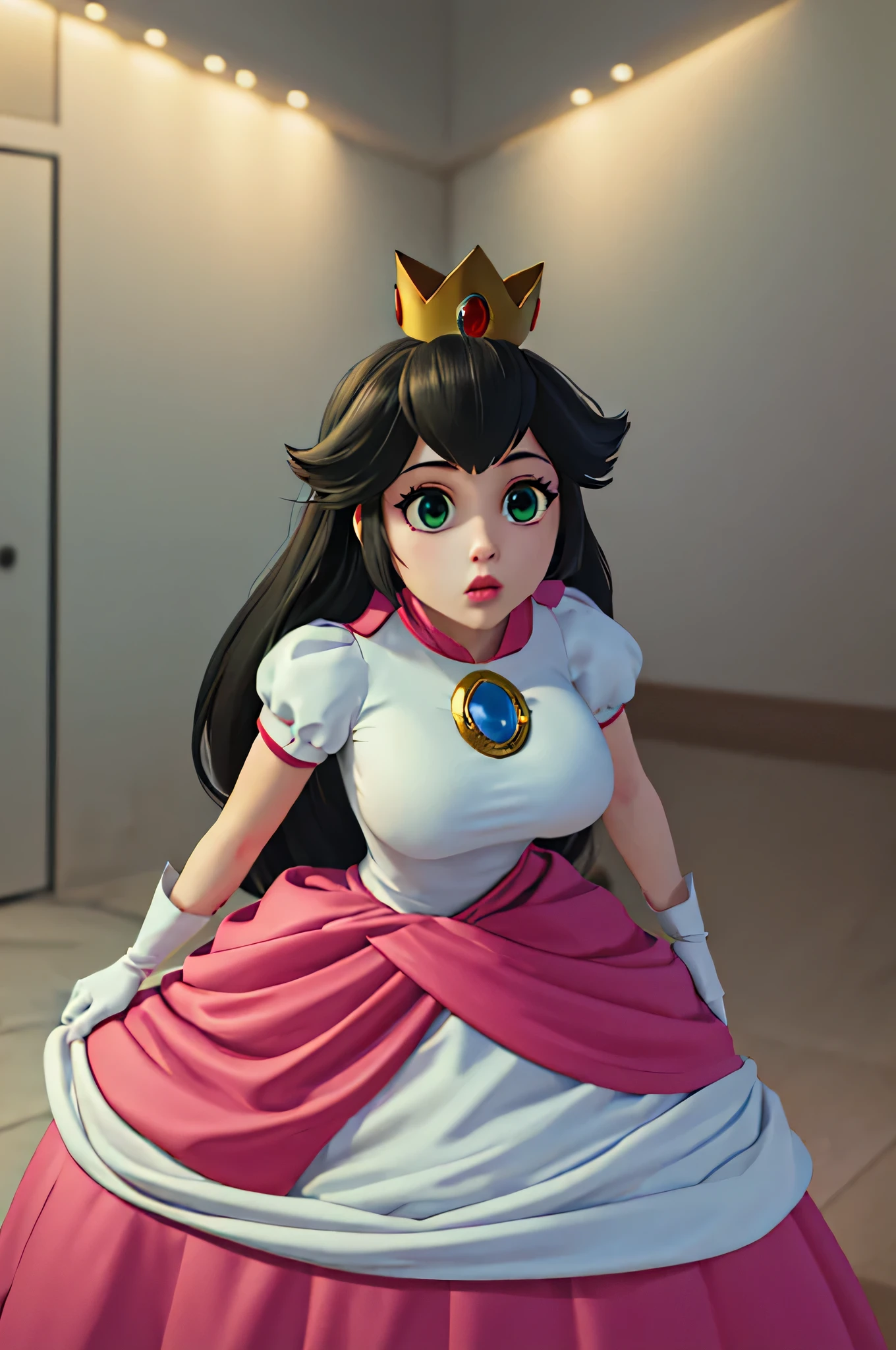 (masterpiece, best quality), 1girl, princess peach, black hair, green eyes, long straight hair, crown, dress, gem, gloves, light blue dress, puffy short sleeves, puffy sleeves, short sleeves, white gloves, huge breasts