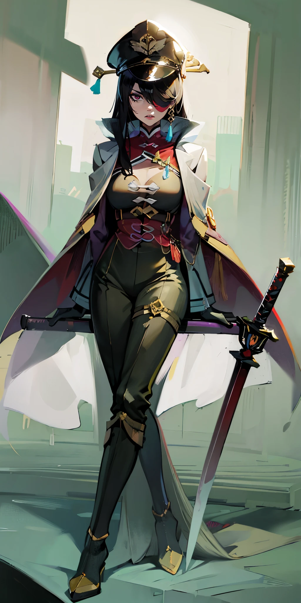 long hair, hairpin, hair over one eyes, beidou, eyepatch, muscular female, curvy, anatomical correct, 1girl, solo, looking at viewer, bangs, gloves, long sleeves, hat, jacket, full body, weapon, boots, food, belt, pants, sword, white gloves, cape, black footwear, uniform, military, black headwear, military uniform, buttons, black pants, knee boots, crossed legs, katana, sheath, peaked cap, sheathed, military hat, red cape, hollow eyes, maroon eyes, eyepatch,  lips, cheek, expressionless, glaring eyes, upper teeth, 