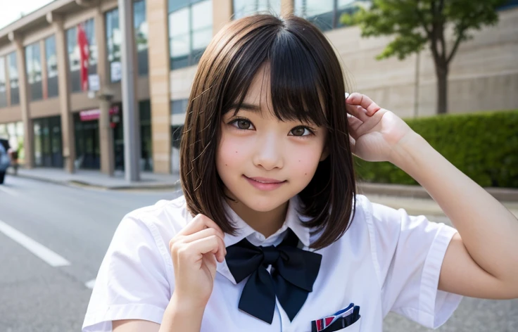 highest quality, shape, Very detailed, finely, High resolution, 8k wallpaper, finelyて美しい目, Schoolの体操服, smile,14-year-old girl、cute、Looking into the camera、Black Hair、School、Black Hair、short hair、The bangs are short、after school、So that the entire upper body is visible、Street Snap、14-year-old girl