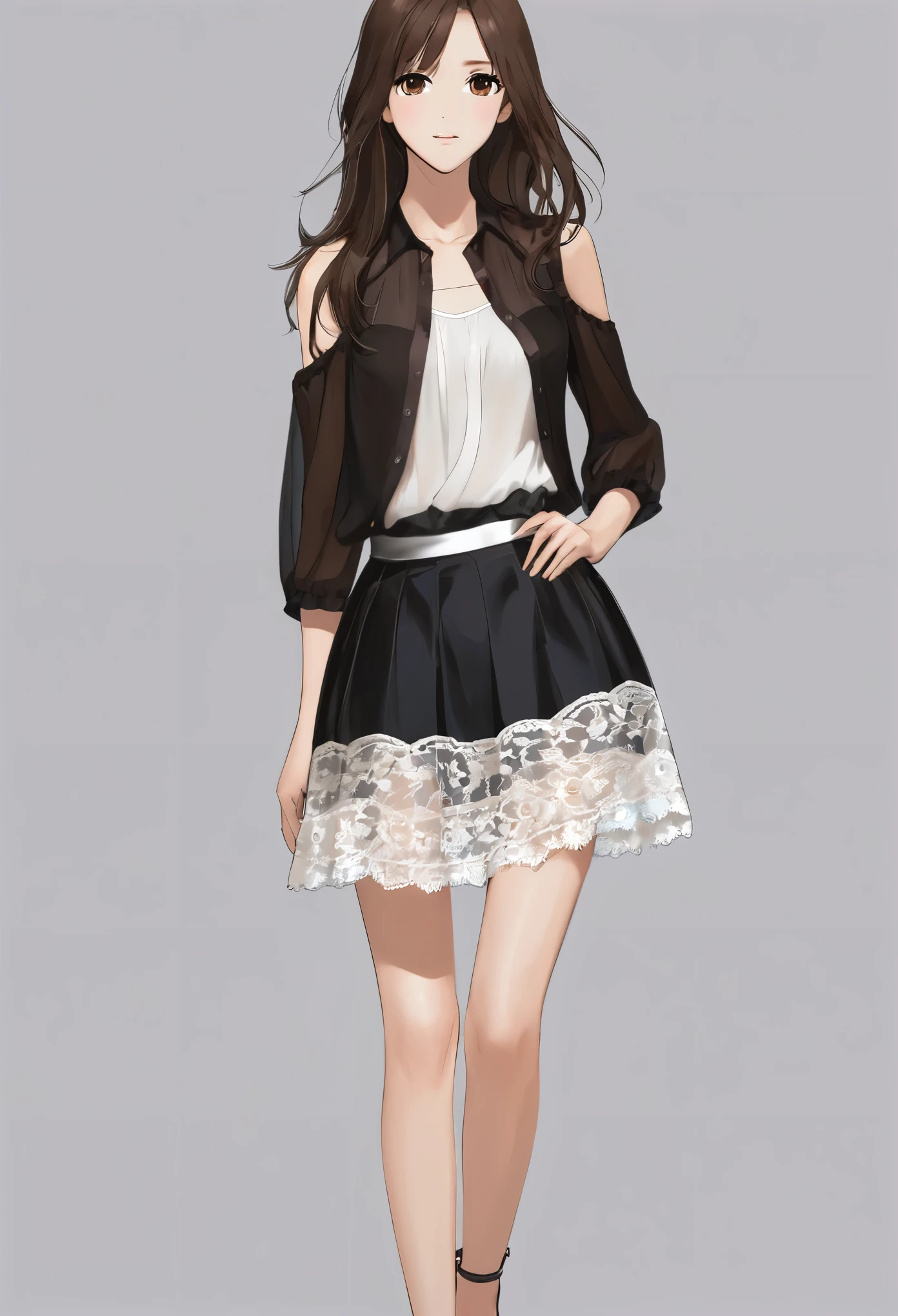 a woman with brown eyes, loose hair on the side, long hair, black lace blouse, with exposed shoulders, short white flared skirt, full frontal angle, ((brown high heel sandals)), fair skin, standing, casual, full body frontal image, looking forward, full body frontal, standing, minimalism, fit delicate figure, model with attractive body, happy eyes, dark eyes, brown eyes, perfect and proportional body, facial expression slight smile, full and extremely thin body, full frontal, standing, demure