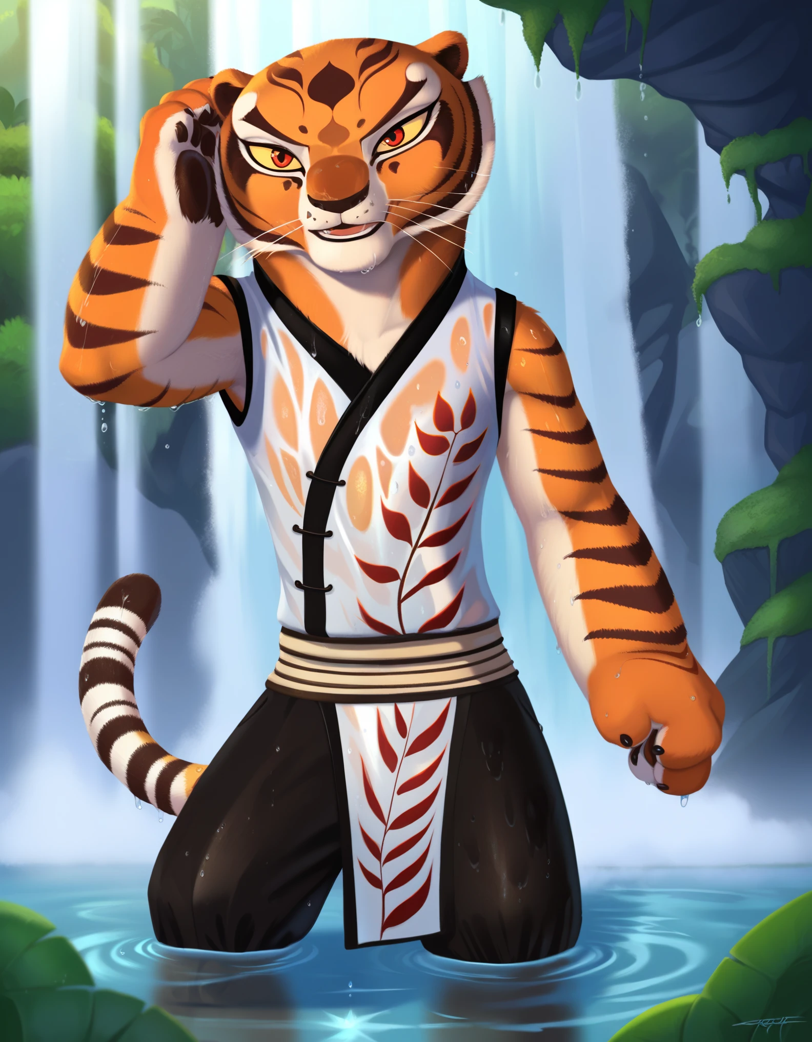 rating_safe, score_9, score_8_up, score_7_up, score_6_up, source_furry, solo, 1girl, female, master tigress from kung fu panda showering under a waterfall, kung fu panda style, wet, furry, detailed fur, in water, detailed waterfall background, rock, cartoon, 2d, yellow sclera