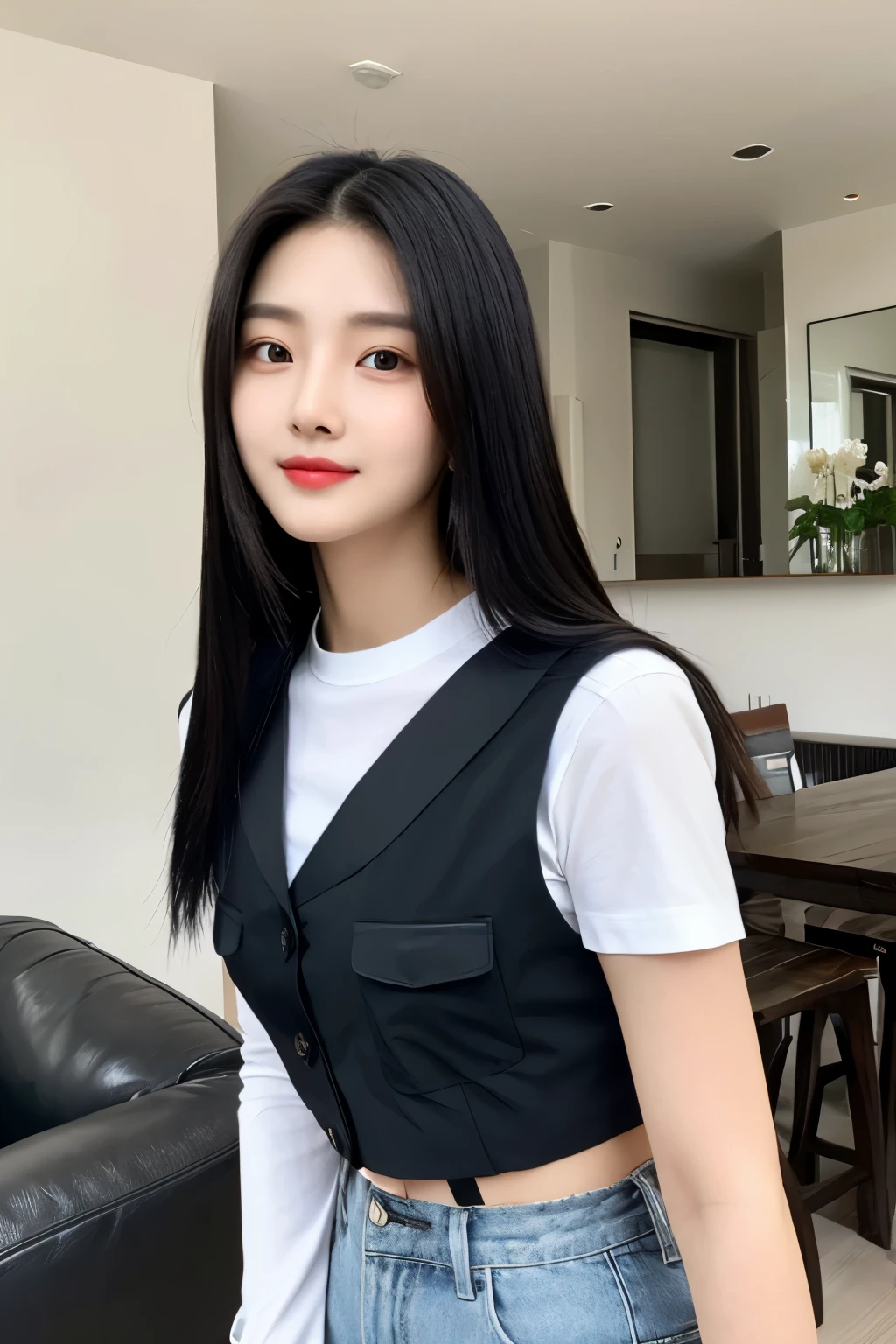 22 years Old young South Korean woman, with military shirt, Pants and black gloves, beauty face, Cute face, thin, long sleek Straight hair style, lipstick, at home, with bulletproof vest