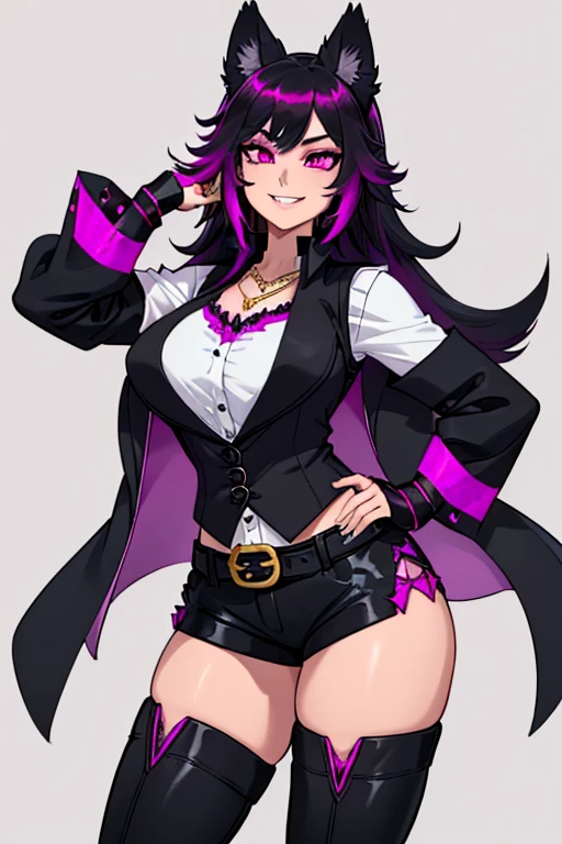 female, black long hair with magenta highlights, silver eyes, black wolf ears, black wolf tail (((1girl))), (((black pirate coat with magenta trim))), (black pirate hat), (white blouse), (black belt), (black pants), (black boots), cute and sexy, full body, large breasts, large butt, long legs, smiling