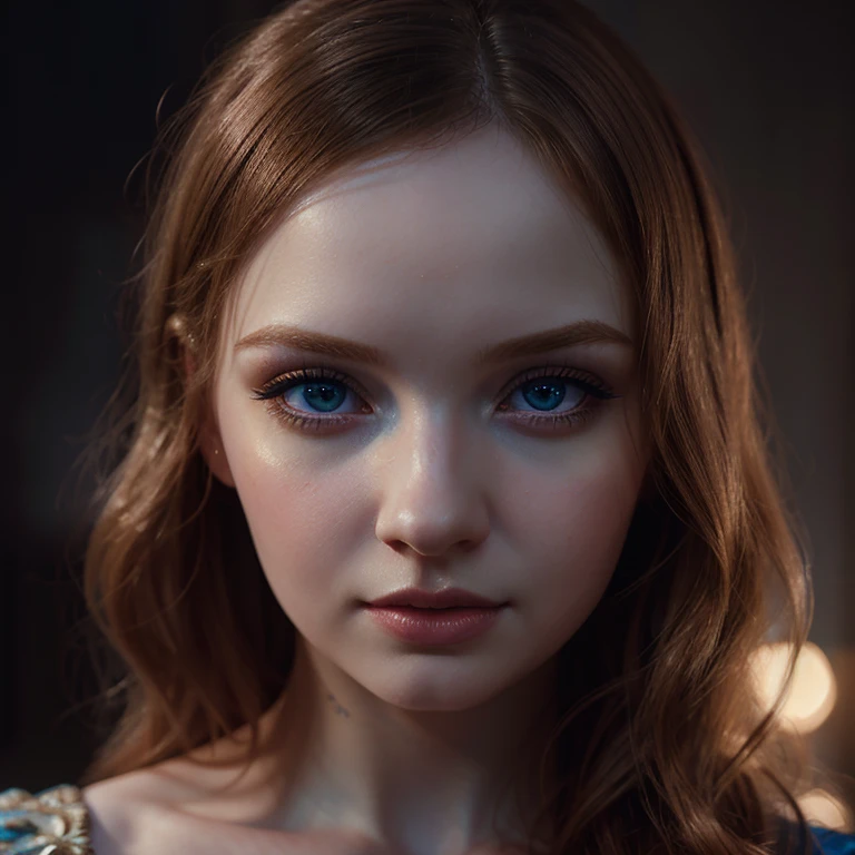 beautiful detailed portrait of Nicola Coughlan, 1girl, stunning detailed face, radiant skin, gorgeous blue eyes, full lips, elegant hairstyle, warm lighting, cinematic composition, dramatic lighting, moody atmosphere, rich colors, fantasy art style, digital painting