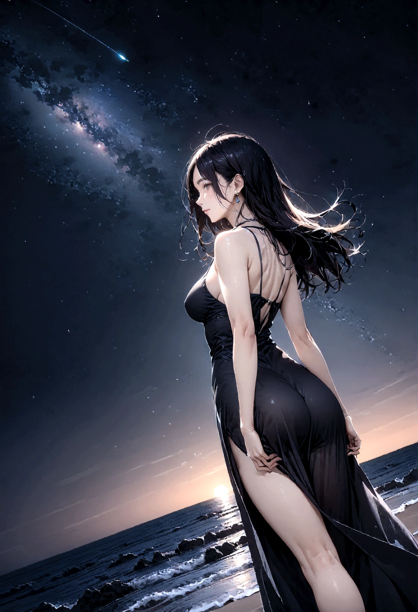 8k, masterpiece, RAW Photos, highest quality, Realistic, Very detailed, Depth of written boundary, Cinematic Light, Anatomically correct body,
One beautiful 40 year old woman, Very beautiful face, Exquisitely detailed face, (A calm and gentle face:1.4), Very delicate skin texture, Transparent muscle, Shiny white skin, Glamorous Body,
(Wavy black long hair:1.2), Sexy Breasts, Sexy ass,
(See-through slit long dress:1.2), (Detailed cloth texture:1.2), (Gorgeous necklace:1.1), (Gorgeous earrings:1.1),
(Dark starry background:1.4), (Milky Way:1.1), (milky way:1.1), (shooting star:1.1), (Dark coastline at night:1.4), (Pitch black sea surface:1.4),
(Standing on the beach:1.2),
(Low angle shot:1.3),