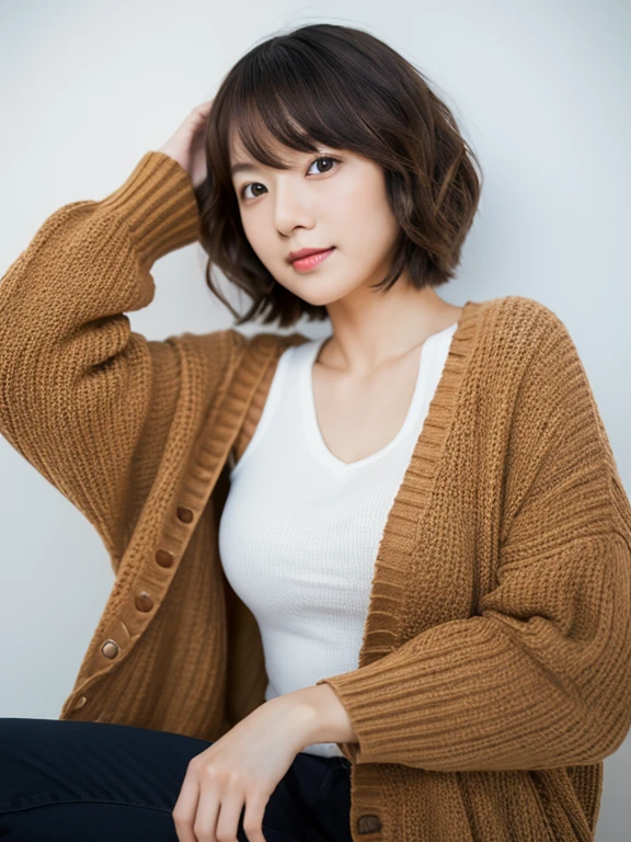 ((masutepiece,top-quality)), (photographrealistic:1.4),((masutepiece,8K)),hight resolution,Studio Soft Light, Rim Lights, vibrant detail, realistic skin textures,Japanese, 1 beautiful woman, Short hair, Wave hair, faint thin bangs, make - up, 38 years, Detailed skin, cardigan, wide-leg pants, White background, White Room,white walls, fully body photo, Looking at Viewer