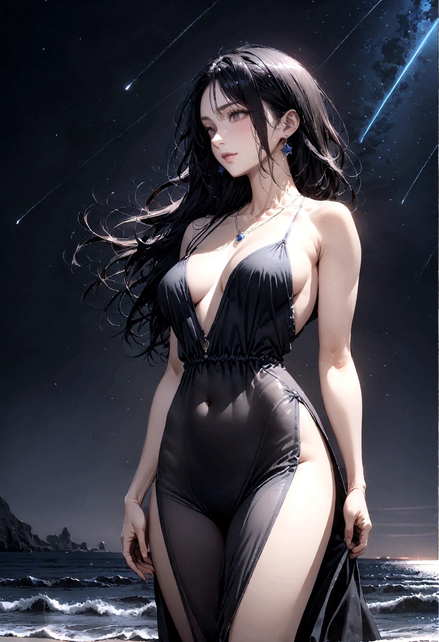 8k, masterpiece, RAW Photos, highest quality, Realistic, Very detailed, Depth of written boundary, Cinematic Light, Anatomically correct body,
One beautiful 40 year old woman, Very beautiful face, Exquisitely detailed face, (A calm and gentle face:1.4), Very delicate skin texture, Transparent muscle, Shiny white skin, Glamorous Body,
(Wavy black long hair:1.2), Sexy Breasts, Sexy ass,
(See-through slit long dress:1.2), (Detailed cloth texture:1.2), (Gorgeous necklace:1.1), (Gorgeous earrings:1.1),
(Dark starry background:1.4), (Milky Way:1.1), (milky way:1.1), (shooting star:1.1), (Dark coastline at night:1.4), (Pitch black sea surface:1.4),
(Standing on the beach:1.2),
(Low angle shot:1.3),