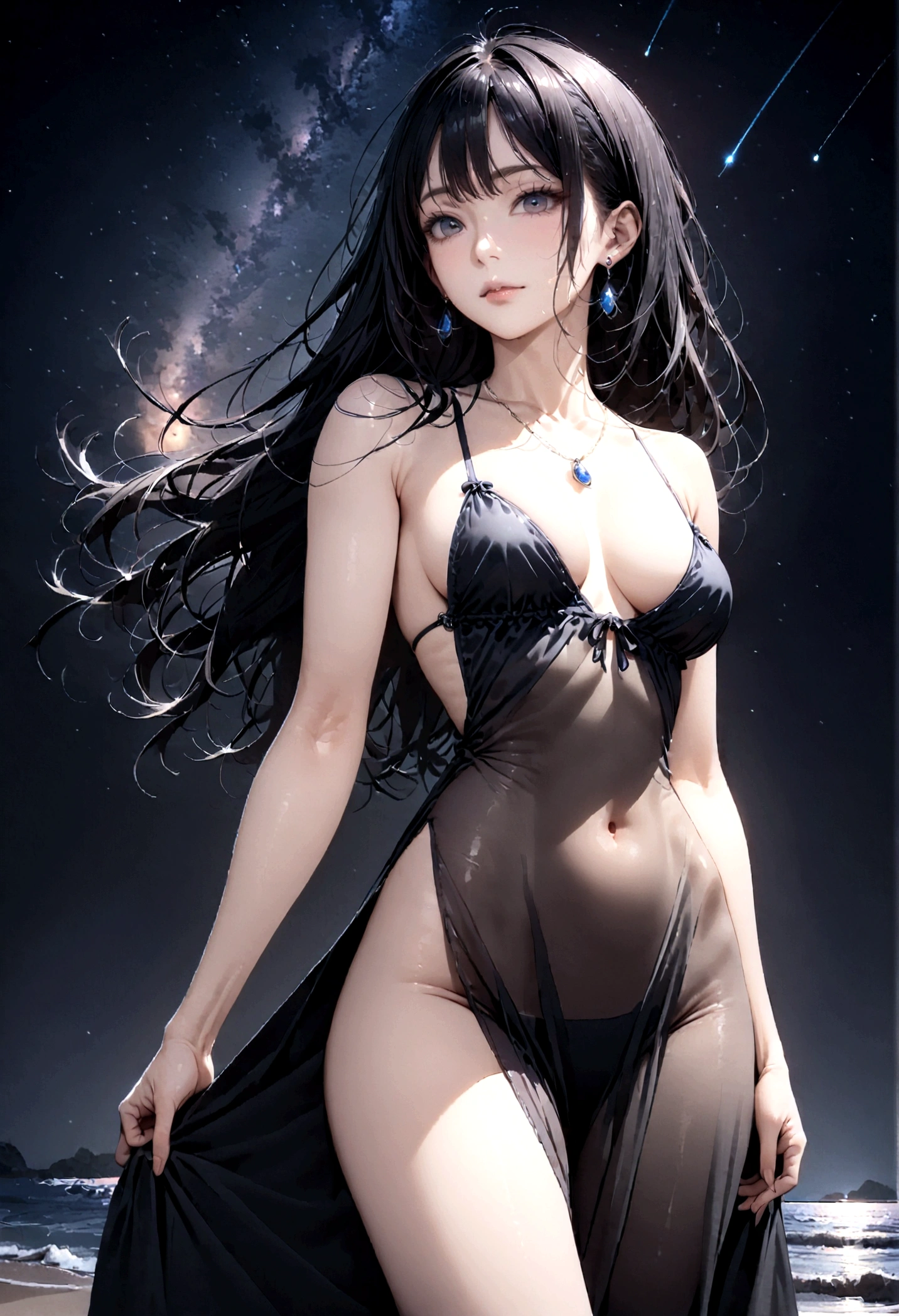 8k, masterpiece, RAW Photos, highest quality, Realistic, Very detailed, Depth of written boundary, Cinematic Light, Anatomically correct body,
One beautiful 40 year old woman, Very beautiful face, Exquisitely detailed face, (A calm and gentle face:1.4), Very delicate skin texture, Transparent muscle, Shiny white skin, Glamorous Body,
(Wavy black long hair:1.2), Sexy Breasts, Sexy ass,
(See-through slit long dress:1.2), (Detailed cloth texture:1.2), (Gorgeous necklace:1.1), (Gorgeous earrings:1.1),
(Dark starry background:1.4), (Milky Way:1.1), (milky way:1.1), (shooting star:1.1), (Dark coastline at night:1.4), (Pitch black sea surface:1.4),
(Standing on the beach:1.2),
(Low angle shot:1.3),