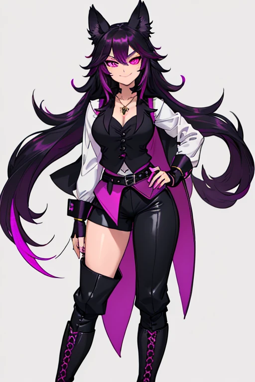 female, black long hair with magenta highlights, silver eyes, black wolf ears, black wolf tail, (((1girl))), (((black waistcoat with magenta trim magenta cuffs))), (white shirt), (black pants), (white knee high boots with magenta trim), (amethyst necklace), (black fingerless gloves), (black belt with gold buckle), cute and sexy, full body, big breasts, long legs, smiling