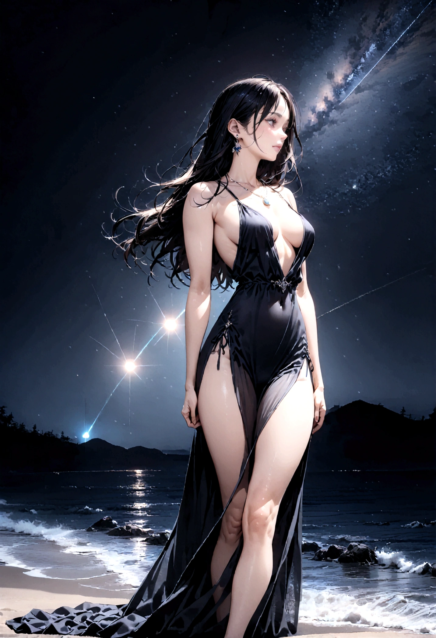 8k, masterpiece, RAW Photos, highest quality, Realistic, Very detailed, Depth of written boundary, Cinematic Light, Anatomically correct body,
One beautiful 40 year old woman, Very beautiful face, Exquisitely detailed face, (A calm and gentle face:1.4), Very delicate skin texture, Transparent muscle, Shiny white skin, Glamorous Body,
(Wavy black long hair:1.2), Sexy Breasts, Sexy ass,
(See-through slit long dress:1.2), (Detailed cloth texture:1.2), (Gorgeous necklace:1.1), (Gorgeous earrings:1.1),
(Dark starry background:1.4), (Milky Way:1.1), (milky way:1.1), (shooting star:1.1), (Dark coastline at night:1.4), (Pitch black sea surface:1.4),
(Standing on the beach:1.2),
(Low angle shot:1.3),