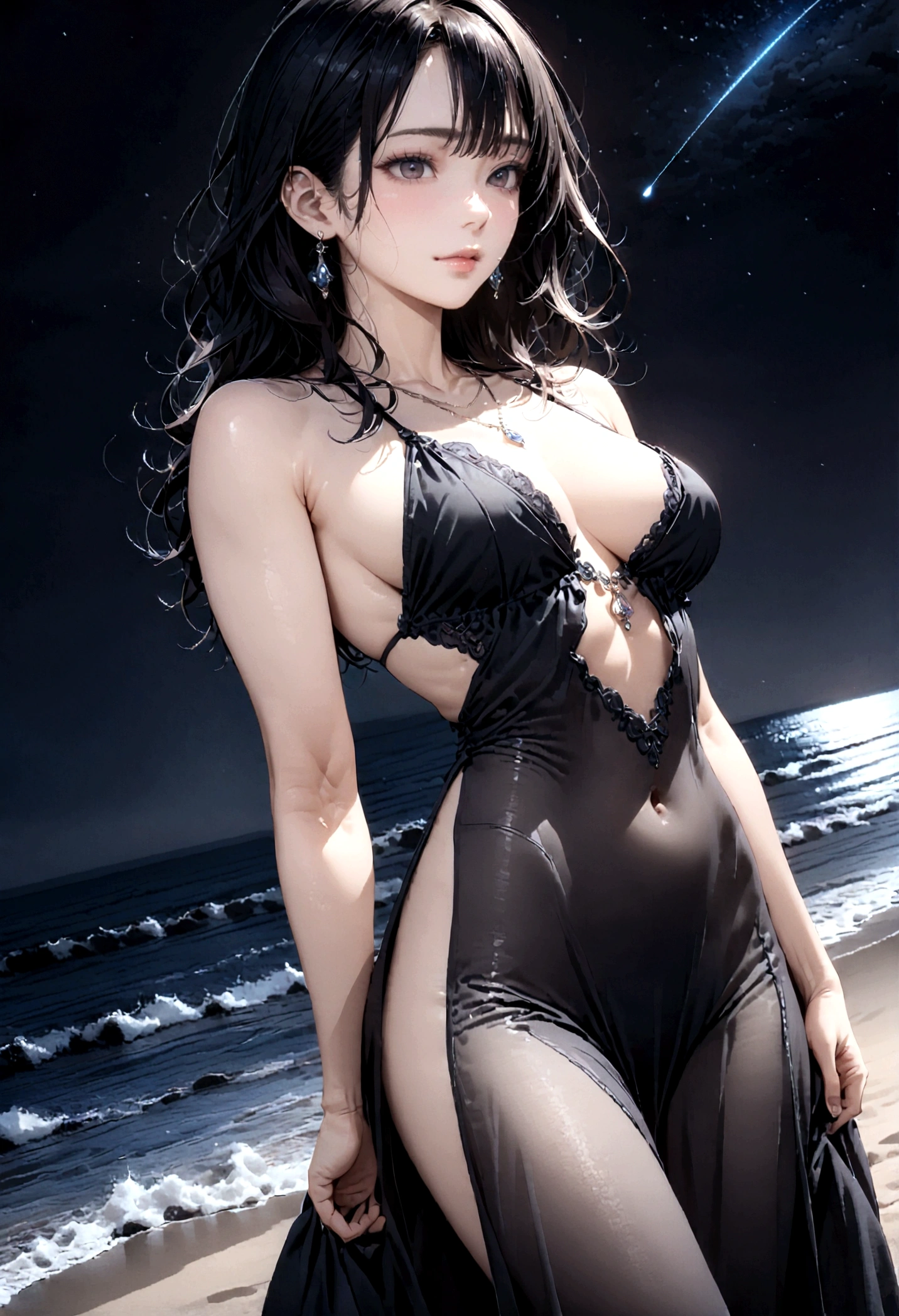 8k, masterpiece, RAW Photos, highest quality, Realistic, Very detailed, Depth of written boundary, Cinematic Light, Anatomically correct body,
One beautiful 40 year old woman, Very beautiful face, Exquisitely detailed face, (A calm and gentle face:1.4), Very delicate skin texture, Transparent muscle, Shiny white skin, Glamorous Body,
(Wavy black long hair:1.2), Sexy Breasts, Sexy ass,
(See-through slit long dress:1.2), (Detailed cloth texture:1.2), (Gorgeous necklace:1.1), (Gorgeous earrings:1.1),
(Dark starry background:1.4), (Milky Way:1.1), (milky way:1.1), (shooting star:1.1), (Dark coastline at night:1.4), (Pitch black sea surface:1.4),
(Standing on the beach:1.2),
(Low angle shot:1.3),